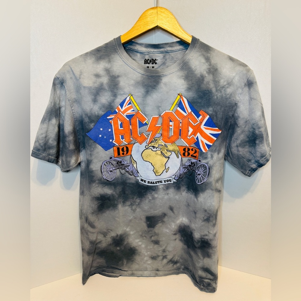 AC/DC Tie Dye Gray and White Graphic We Salute You Band Tee Size Medium.